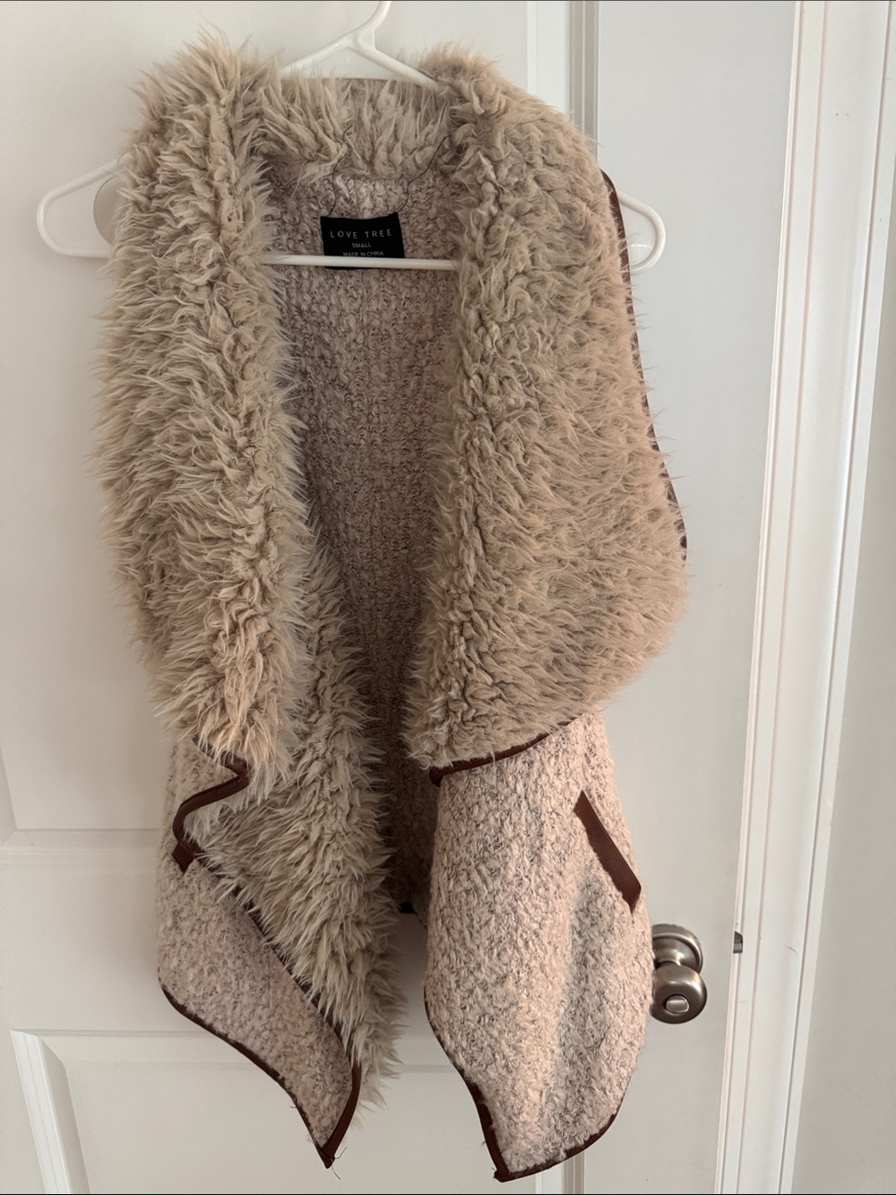 Love Tree Plush Faux Shearling Open-Front Vest in Beige